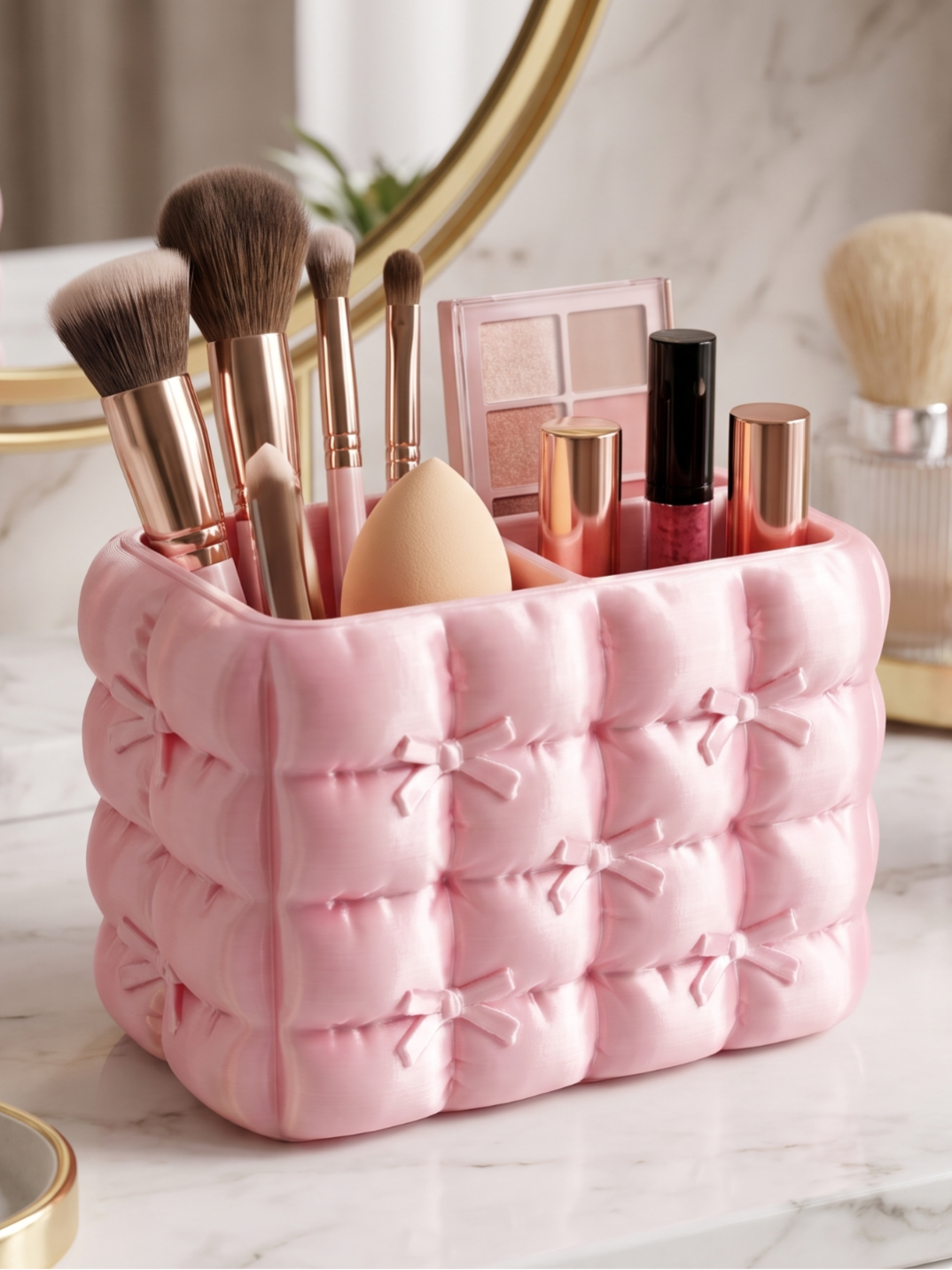 Aesthetic Quilted Bow Makeup Organizer Brush Hold