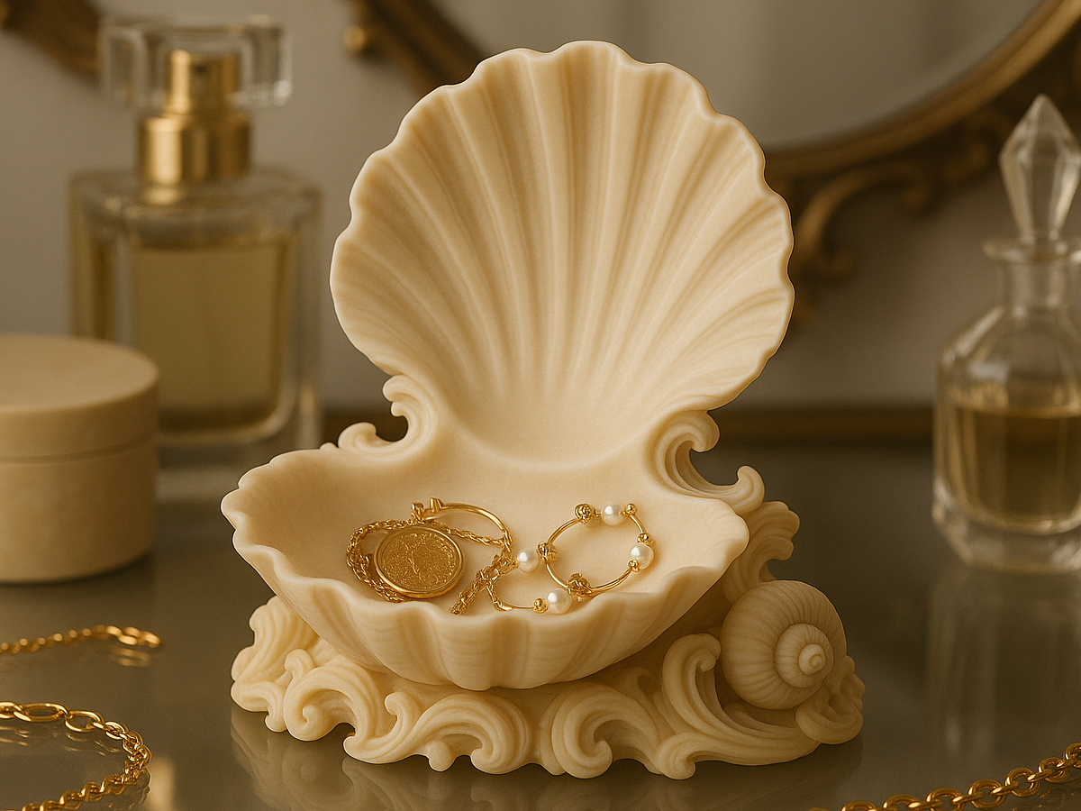 Coastal Seashell Jewelry Dish with Ornate Base
