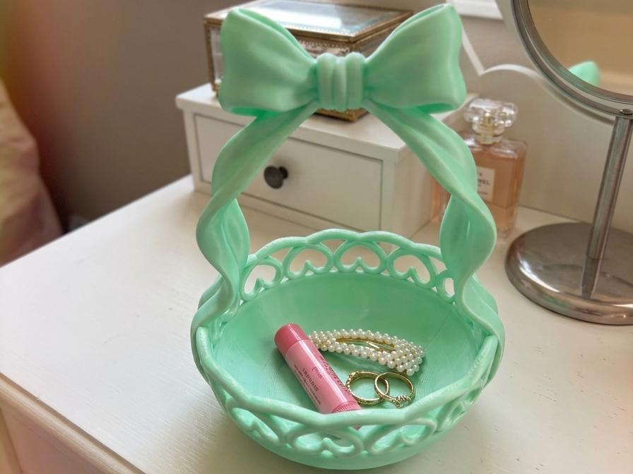 Coquette Bow Vanity Basket Heart Trinket Dish Tray