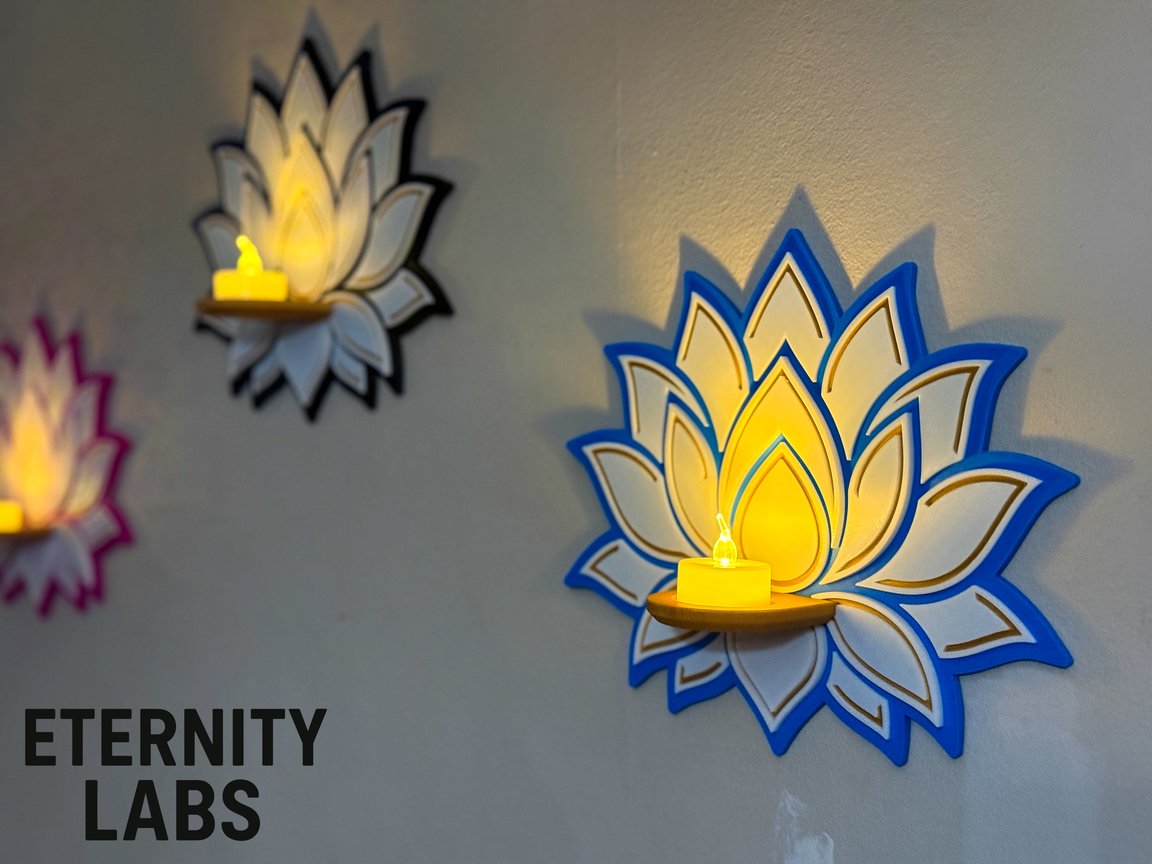 Layered lotus flower wall tealight holder glowing with an LED tea light