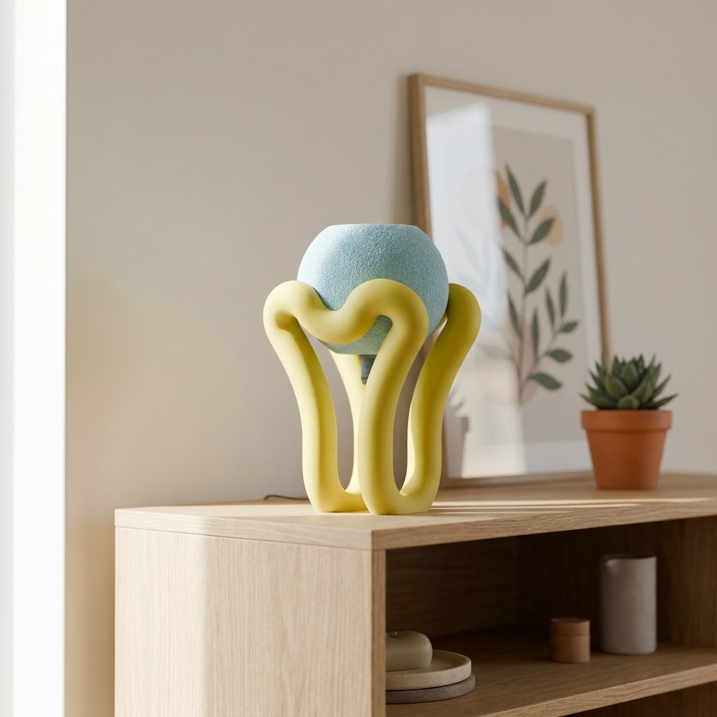 Floating wibble sphere table lamp, yellow stand and blue sphere shade on a wooden shelf