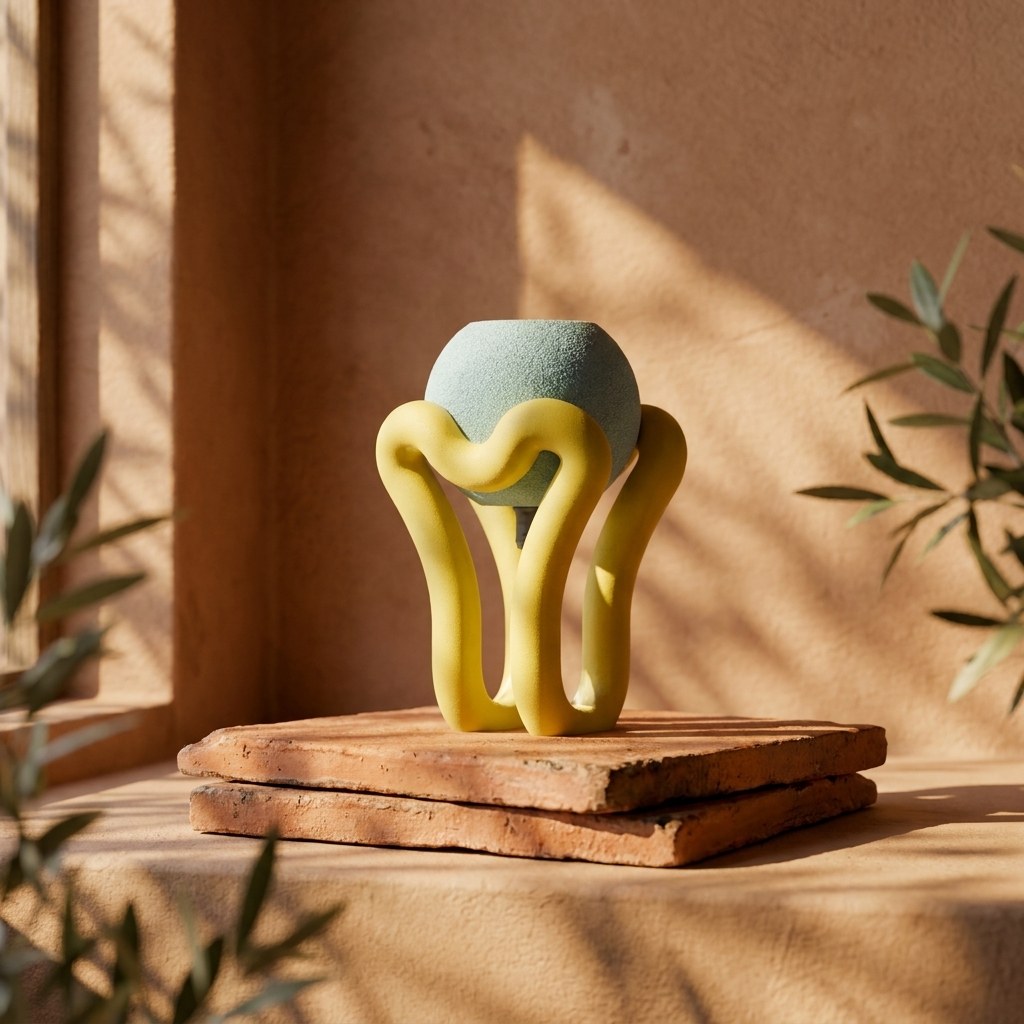 Floating wibble sphere table lamp in warm sunlight on a terracotta tile