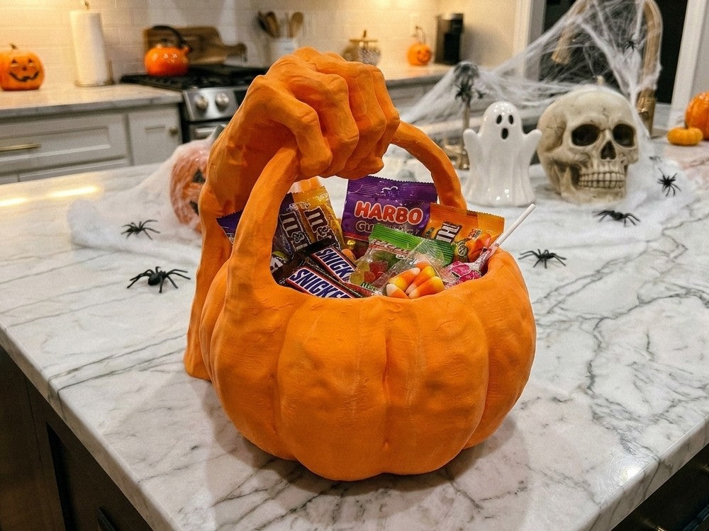 Orange pumpkin candy bowl with monster hand gripping the handle, filled with wrapped candy on a Halloween counter
