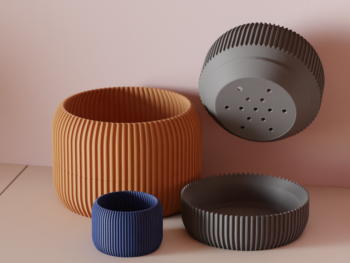 Modern Ribbed Plant Pot with Drainage Drip Tray