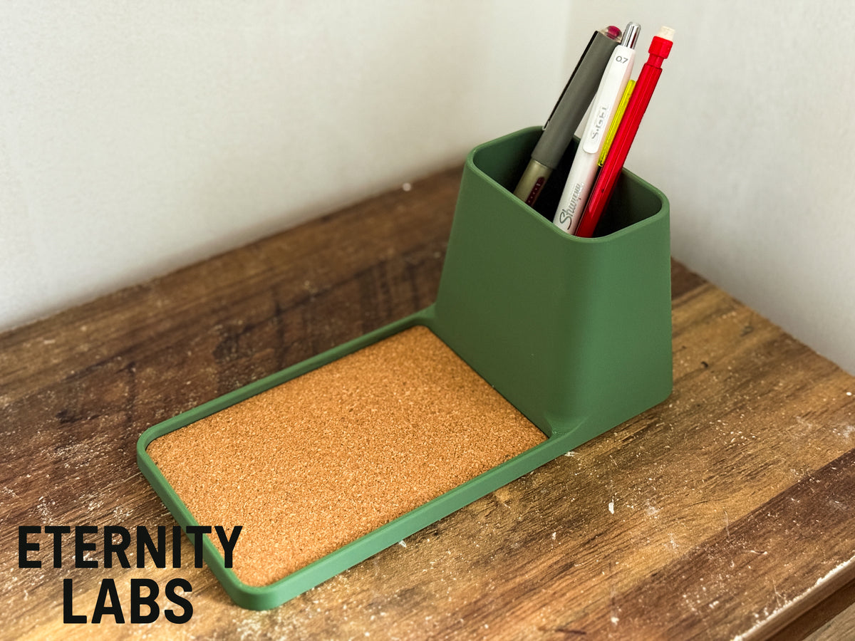 Long tray desk organizer with pens in the pot, side view