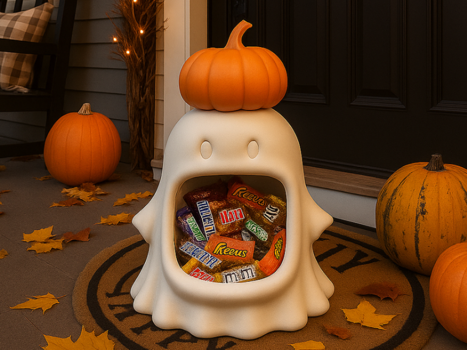 Pumpkin Hat Ghost Candy Bowl — Cute Halloween Decor