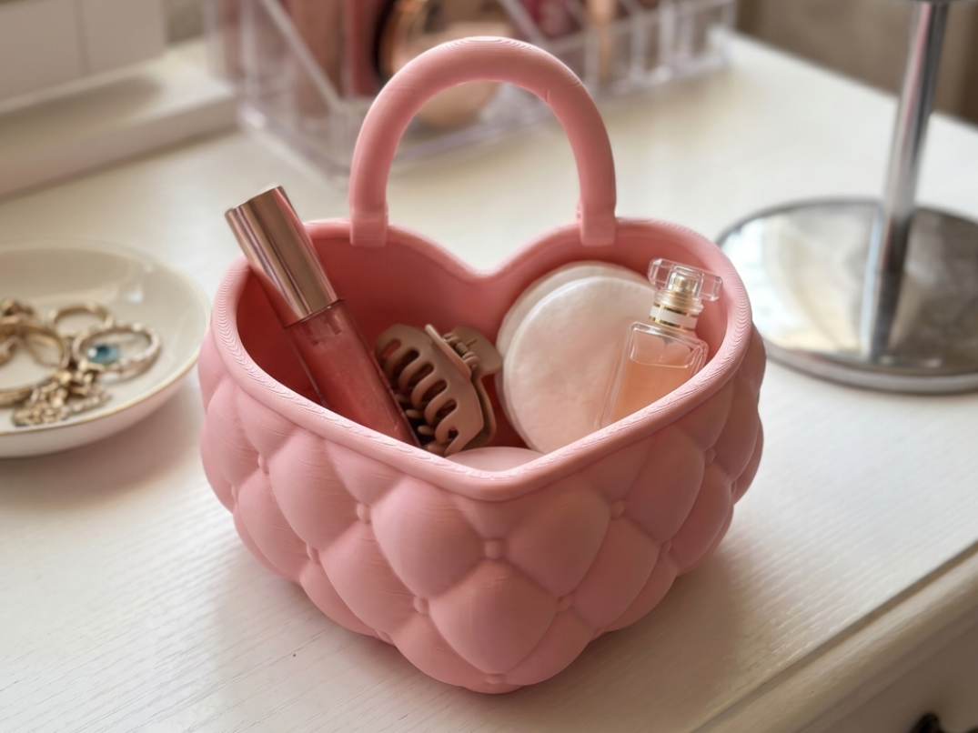 Quilted Heart Vanity Basket & Makeup Organizer