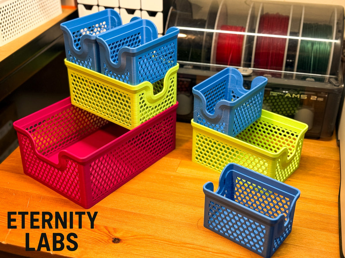 Stacking basket organizer set with large, medium and small stackable baskets