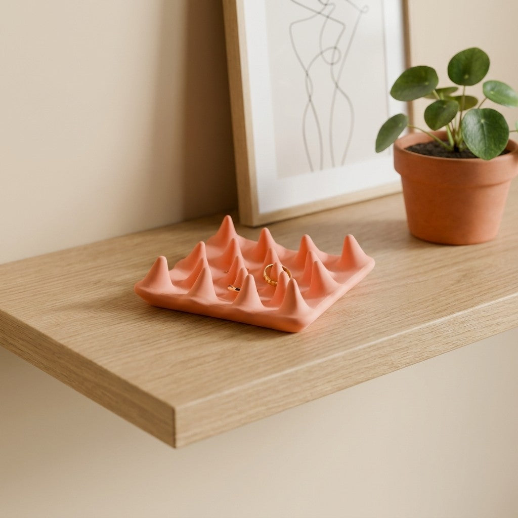Spiked jewelry ring tray on a shelf with rings, beside a small plant